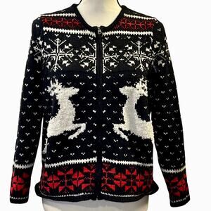 J. Jill Womens Christmas Reindeer Wool Blend Cardigan Size S